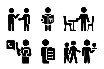 Fototapeta premium Host Duties Icons. Solid, filled icon set of host duties: greeting guests, handing out menus, assigning tables, confirming reservations, answering phone,