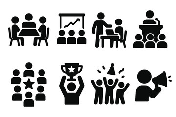 Office Event Icons. Solid, filled icon set of office events: meeting, presentation, workshop, seminar, team building, award, celebration, announcement. [Solid,