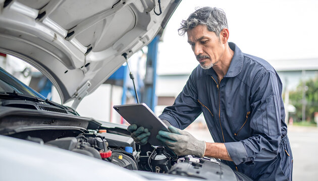 Automobile Mechanic Using Digital Tablet to Diagnose Car Engine Under the Hood, Smart Workshop Concept.	