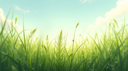 Fototapeta premium Lush green field of grass under a clear blue sky, exuding serenity and freshness.