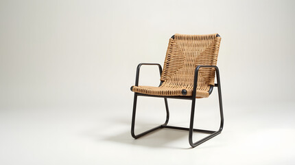 Stylish modern chair with a woven rattan seat and metal frame, perfect for contemporary interiors.