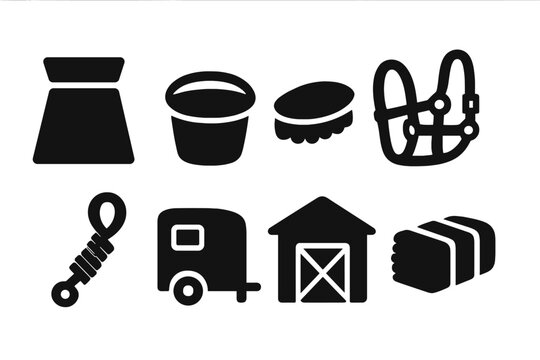 Horse Gear Icon Set. Solid, filled icon set of horse gear: feed bag, water bucket, grooming brush, halter, lead rope, horse trailer, stable, hay bale. Solid,
