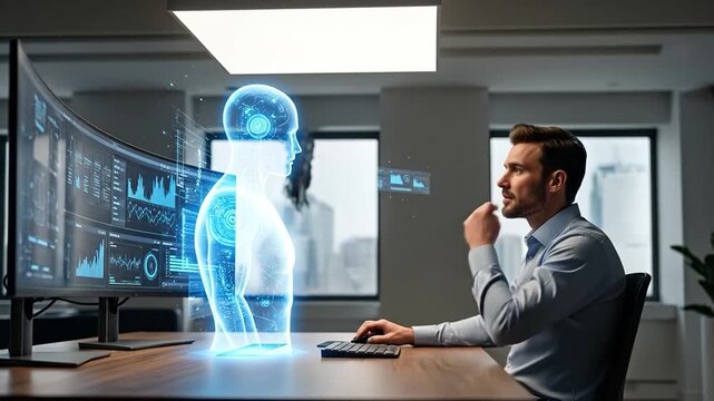 AI agent assists human colleague in modern office, enhancing workflow efficiency