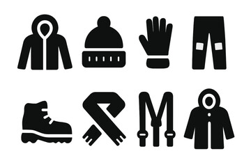 Expedition Gear Icons. Solid, filled icon set of expedition clothing: jacket, hat, gloves, hiking pants, boots, scarf, backpack straps, raincoat. [Solid,