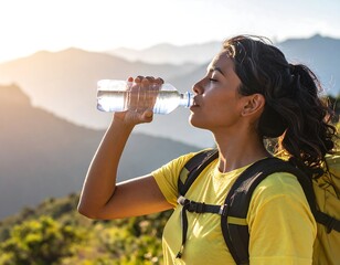 Woman Hiking Drinking Water Mountain View.