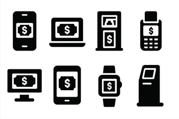 Payment Device Icons. Solid, filled icon set of bill payment devices: smartphone, laptop, ATM, POS terminal, desktop computer, tablet, smartwatch, payment