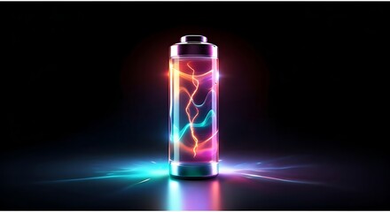 A tall glass bottle filled with colorful swirling plasma energy and electric light effects against a dark background with glowing light trails