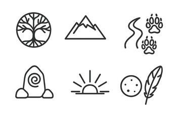 Nature Worship Icons. Outline icon set of nature worship: tree of life, mountain peak, flowing river, animal tracks, sacred stone, sunbeam, full moon, eagle