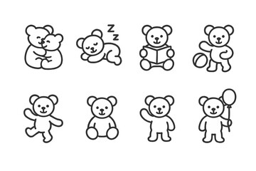 Naklejka premium Teddy Bear Icon Set. Outline icon set of teddy bear activities: hugging, sleeping, reading, playing ball, dancing, sitting, waving, holding balloon. Line icons