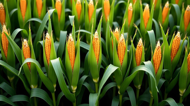 Vibrant rows of ripening corn on green stalks, showcasing the golden kernels ready for harvest.