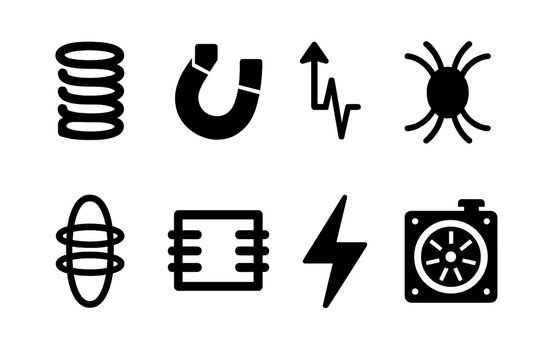 Electromagnetic Induction Icons. Solid, filled icon set of electromagnetic induction: coil, magnet, electric current, wire loops, magnetic field lines,