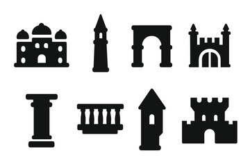 Noble Architecture Icons. Solid, filled icon set of noble architecture: palace, tower, archway, gate, column, balcony, turret, fortress. Solid, filled icons in