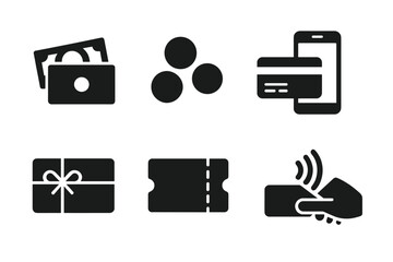 Obraz premium Payment Method Icons. Solid, filled icon set of cash register payment methods: cash bills, coins, credit card, debit card, mobile payment, gift card, coupon,