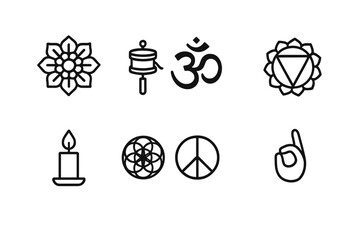 Spiritual Symbol Icons. Outline icon set of spiritual symbols: mandala, prayer wheel, om symbol, chakra, candle flame, sacred geometry, peace sign, hand mudra.