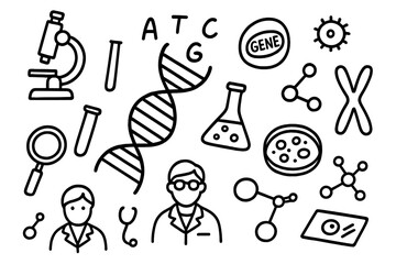 Genetic Science Doodle. Hand-drawn doodle illustration DNA strand illustration DNA double helix, nucleotide bases, microscope, test tube, gene icon,
