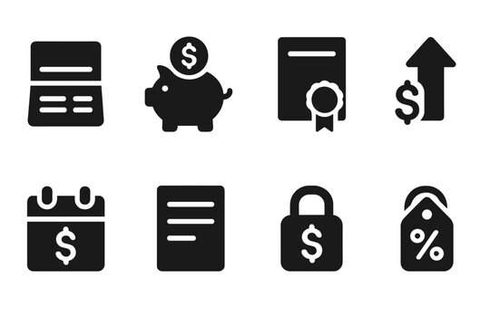 Interest Account Icons. Solid, filled icon set of interest-bearing accounts: bank passbook, savings icon, certificate of deposit, interest arrow, payout