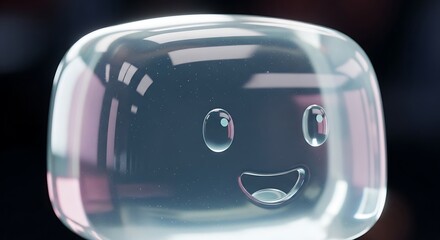 A close up abstract 3d rendered illustration of a transparent rounded cube with a happy cartoon face etched inside reflecting light and color against a dark background