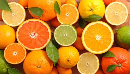 Fototapeta premium Colorful citrus slices arranged on a wooden surface
