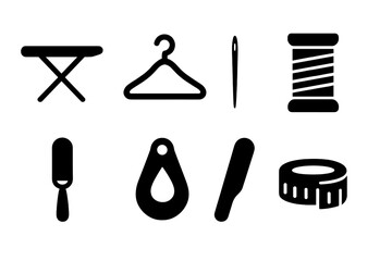 Suit Care Icons. Solid, filled icon set of suit care: ironing board, hanger, sewing needle, thread, lint roller, dry cleaning tag, fabric brush, tailor?s tape.