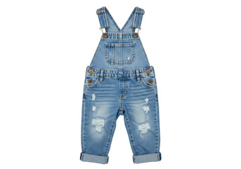 Blue denim baby overalls isolated on transparent background, stylish ripped jeans dungarees for kids fashion and casual wear