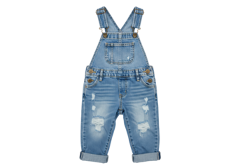 Blue denim baby overalls isolated on transparent background, stylish ripped jeans dungarees for kids fashion and casual wear