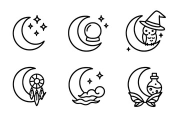Fototapeta premium Mystical Moon Icon Set. Outline icon set of mystical moonlight: moon with magic sparkles, moon with crystal ball, moon with owl and stars, moon with witch hat,