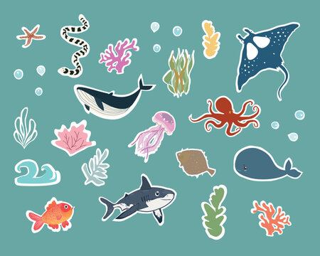 Cute Sea Animals and Ocean Life Stickers &ndash; Underwater Marine Creatures Vector Set