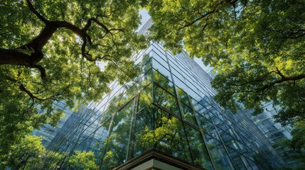 Looking up at a modern glass building framed by lush green tree branches.