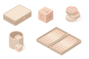 Portable Backgammon Set. Isometric vector illustration set Backgammon travel set: compact board, doubling cube, checkers stacked,
