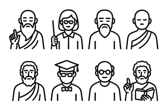 Wise People Icons. Outline icon set of wise people: sage, teacher, elder, monk, philosopher, scholar, mentor, storyteller. Line icons in only black color,
