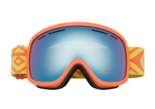 Orange ski goggles with blue lens isolated on white, winter sport equipment for skiing and snowboarding in PNG format