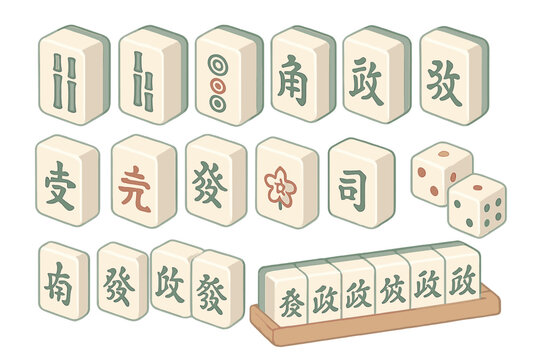 Mahjong Game Set. Isometric vector illustration set Mahjong complete set: mahjong tile chinese game, bamboo and character tiles,