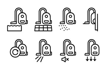 Vacuum Cleaner Icon Set. Outline icon set of vacuum cleaner cleaning modes: carpet cleaning, hard floor cleaning, spot cleaning, edge cleaning, automatic mode,