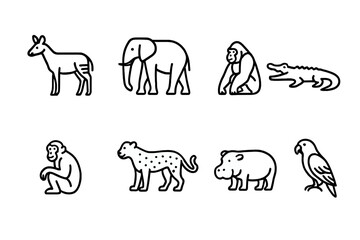 Congolese Wildlife Icons. Outline icon set of Congolese wildlife: Okapi, African elephant, Gorilla, Crocodile, Chimpanzee, Leopard, Hippo, African grey parrot.