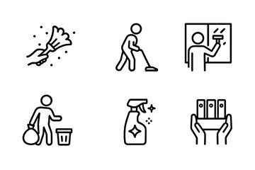 Fototapeta na wymiar Cleaning Chore Icons. Outline icon set of cleaning chores: dusting, vacuuming, mopping, window washing, trash removal, disinfecting, scrubbing floor,