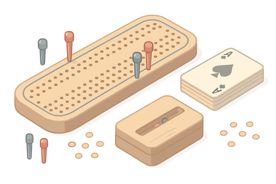 Cribbage Game Elements. Isometric vector illustration set Cribbage game elements: cribbage peg board points, red and blue pegs,