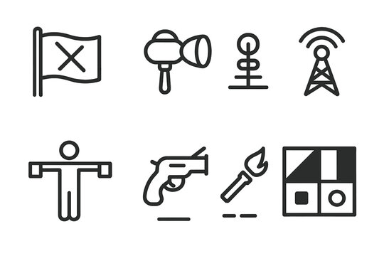 Warship Signal Icons. Outline icon set of warship signals and flags: distress flag, signal lamp, semaphore, radio antenna, fog horn, flare gun, Morse code,