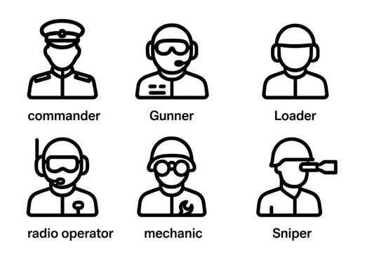 Tank Crew Icons. Outline icon set of tank crew roles: commander, driver, gunner, loader, radio operator, mechanic, scout, sniper. Line icons in only black