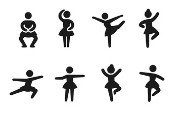 Ballet Dance Step Icons. Solid, filled icon set of ballet dance steps: plie, releve, arabesque, pirouette, jete, tendu, pas de chat, glissade. Solid, filled