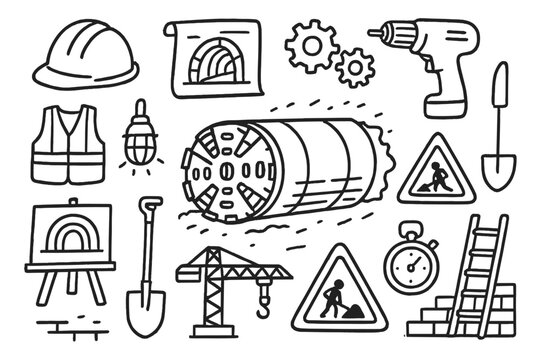 Tunnel Construction Doodle. Hand-drawn doodle illustration tunnel construction tunnel boring machine, worker helmet, blueprint, gears, drill, construction