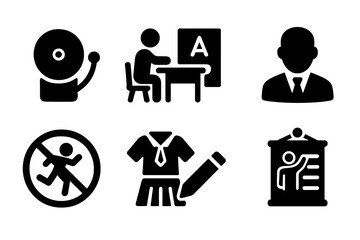 School Rules Icons. Solid, filled icon set of school rules and discipline: school bell, detention, report card, principal, no running sign, uniform, homework,