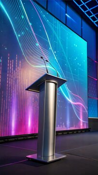 Modern podium on stage with large screen for presentation at conference
