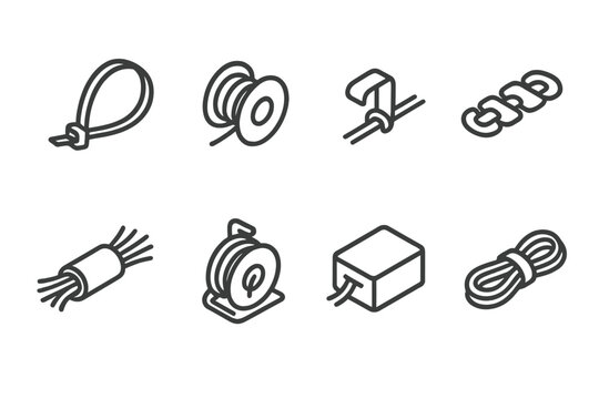 Cable Management Icons. Outline icon set of cable management: cable tie, cable spool, cable clip, cable organizer, cable sleeve, cable reel, cable box, cable