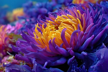 Vibrant sea anemone with yellow and purple tentacles underwater. A macro shot showing nature's beauty and complexity. Marine life, coral reef ecosystem, colorful underwater world.