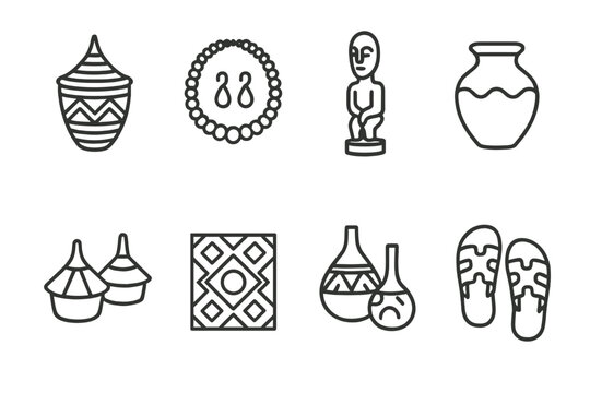 Rwandan Craft Icons. Outline icon set of Rwandan crafts: Agaseke woven basket, Beaded jewelry, Wood carving, Clay pot, Traditional hats, Fabric print, Painted