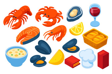 Colorful Seafood Spread. Isometric vector illustration set Seafood Restaurant: lobster, crab, shrimp, oyster, fish fillet, mussels