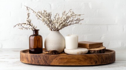 Rustic home decor on wooden tray with flowers, candle, and old books.