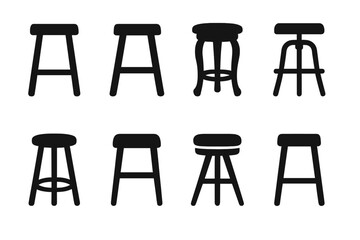 Diverse Stool Icons. Solid, filled icon set of stool styles: modern stool, rustic stool, vintage stool, industrial stool, minimalist stool, Scandinavian stool,