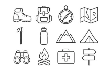 Fototapeta premium Outdoor Adventure Icons. Hiking and outdoor adventure guide services. Line icon set of hiking and outdoor adventure guide services: hiking boot, backpack,