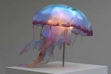 Translucent jellyfish lamp on display against gray backdrop. Contemporary art piece with ambient lighting. Unique design, decorative object.